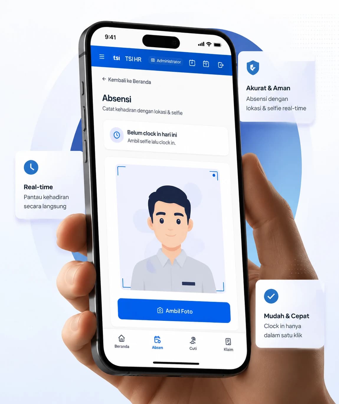 Absen dengan selfie dan lokasi terverifikasi di HP karyawan